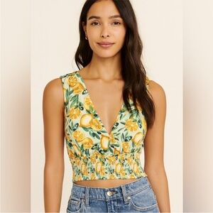Abercrombie Smocked Linen Lemon Print Sleeveless Top
